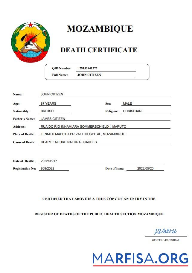 Realistic Mozambique vital record death certificate Word and PDF template